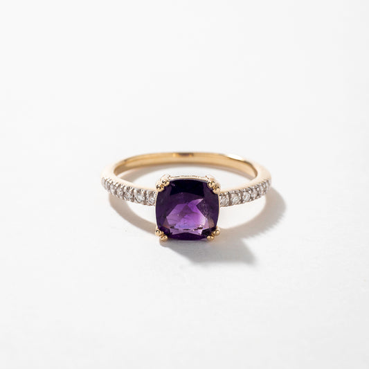 Cushion Shaped Amethyst Ring With Diamond Accents in 10K Yellow Gold