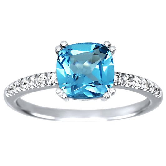 Cushion Shaped Blue Topaz and Diamond Ring in 10K White Gold