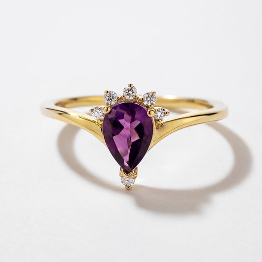 Pear Shape Amethyst Ring with Diamond Accents in 10K Yellow Gold