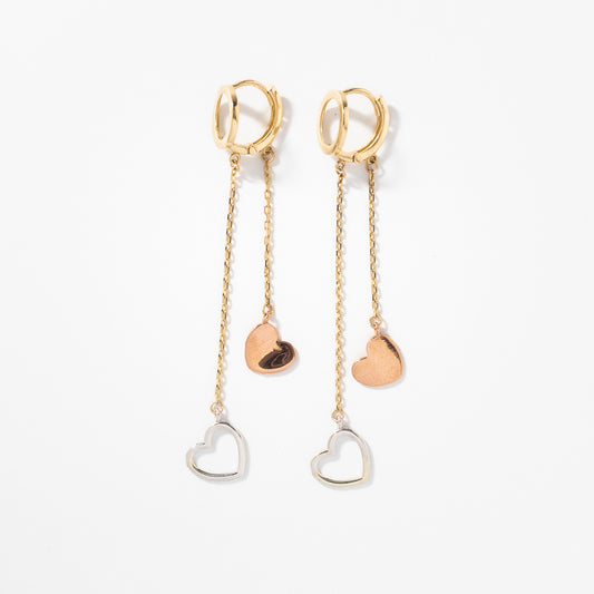 Heart Drop Earrings in 10K Yellow White and Rose Gold