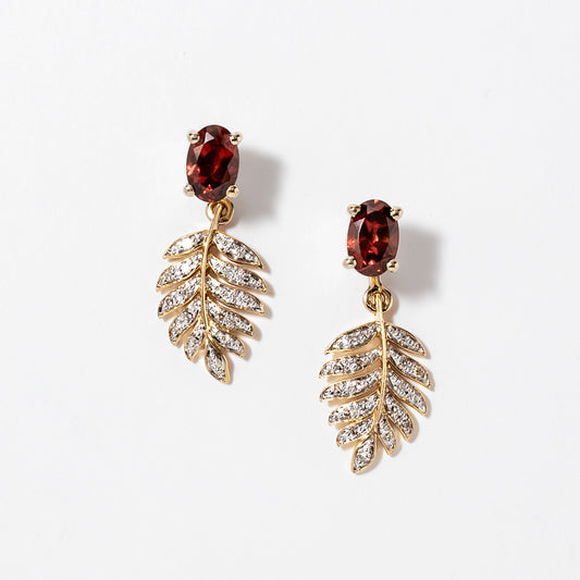 Garnet Earrings with Diamond Leaf in 10K Yellow Gold