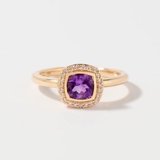Cushion Cut Amethyst Ring with Diamond Accents in 10K Yellow Gold