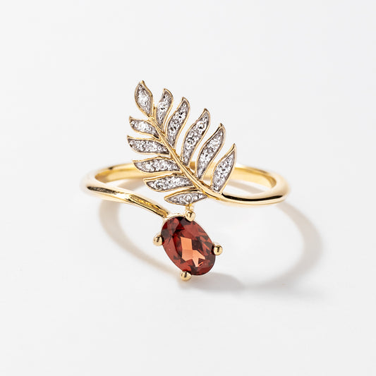 Garnet Ring with Diamond Leaf in 10K Yellow Gold