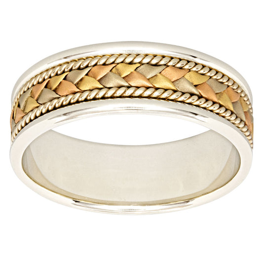 Men's Woven Comfort Fit Wedding Band 10K White, Yellow and Rose Gold (7mm)