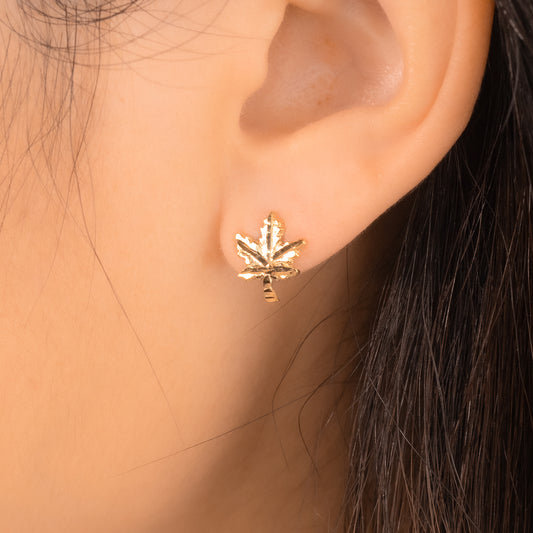 Maple Leaf Diamond Cut Stud Earrings in 10K Yellow Gold