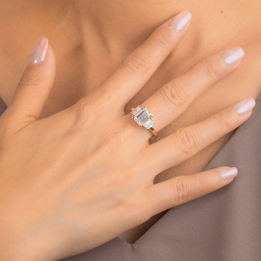 Lab Grown Three Stone Emerald Cut Diamond Engagement Ring in 14K Yellow Gold (3.00 ct tw)