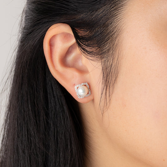 Pearl Earrings with Diamond Accents in 10K Yellow Gold