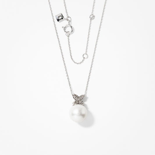 10mm Single Pearl Pendant With Diamond Petal Accents in 10K White Gold