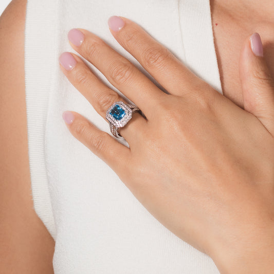 Blue Topaz Ring with Diamond Accents in 10K White Gold